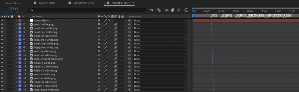 After Effects timeline with layers named by size, such as med/i and small/am